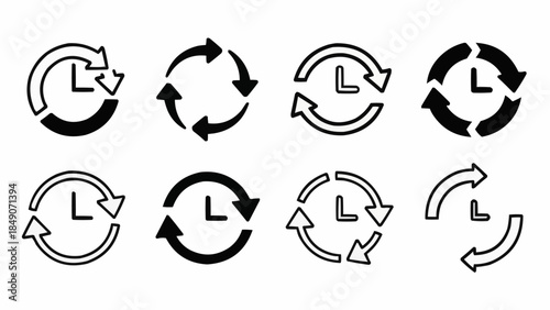 Collection of Clock Arrows and Circular Arrows Icons Representing Time and Cycles.