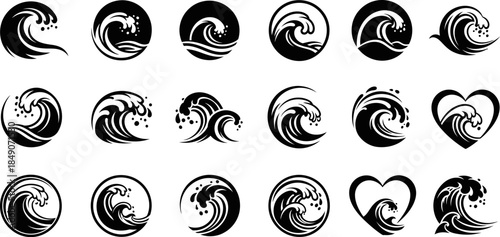 A big bundle of black and white wave icons in various shapes and sizes