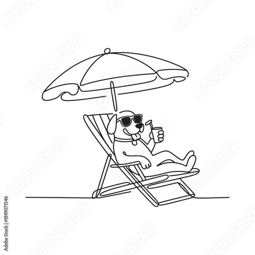 Relaxing dog enjoying a drink under a beach umbrella line art style