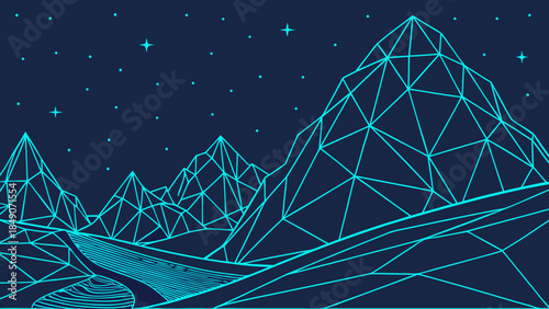 Futuristic Low Poly Wireframe Mountain Landscape with Digital Road and Abstract Technology Terrain Vector
