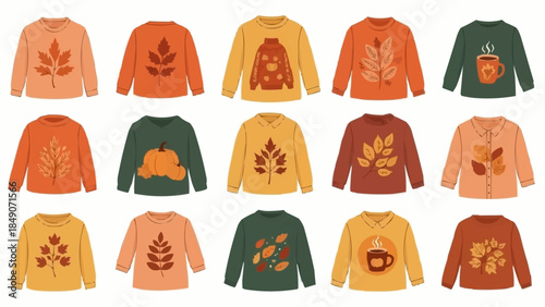 Collection of Autumn Themed Sweaters with Leaf and Pumpkin Designs.