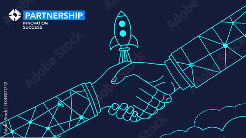 Futuristic Business Partnership Concept with Digital Handshake and Startup Rocket Technology Vector