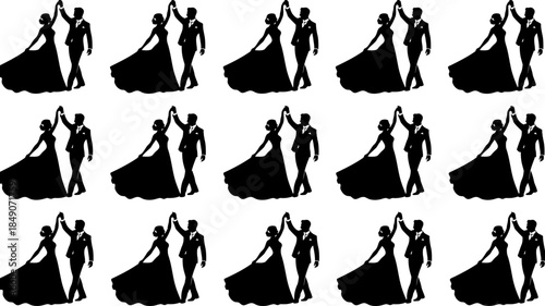 black silhouettes of couples dancing together in various poses on white background