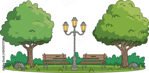 Cartoon park scene with benches, trees, and lamp for outdoor, lifestyle, and community relaxation illustration themes.