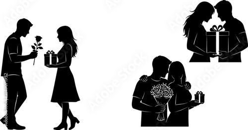 Silhouettes of couples exchanging gifts and flowers on white