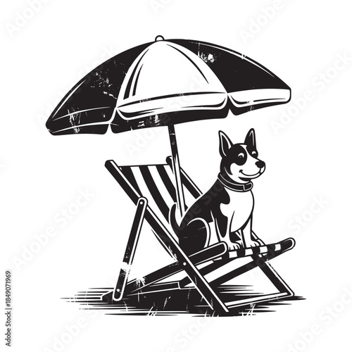 A charming black and white illustration of a dog relaxing under an umbrella