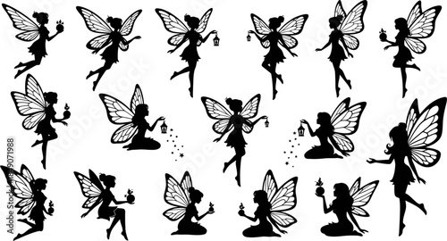 set of fairy silhouettes with lanterns and stars