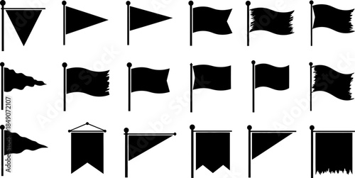 black flags on poles in various shapes and movements