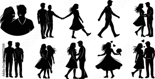 black silhouettes of couples in various romantic poses and movements together