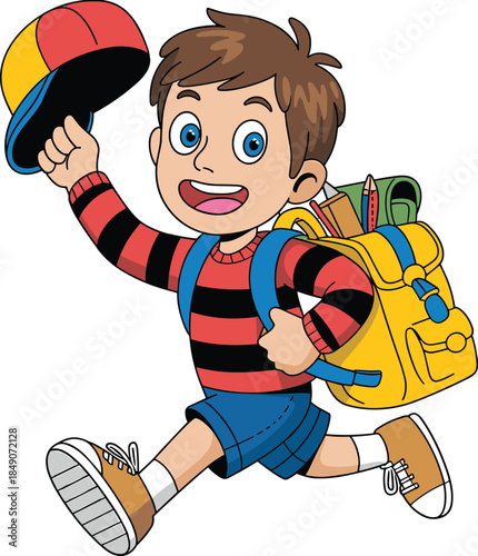 Cartoon schoolboy vector illustration with backpack and supplies for education, childhood, and back-to-school themes.