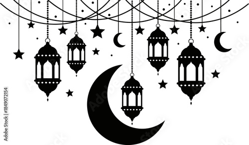 Islamic lanterns and crescent moon hanging decorations