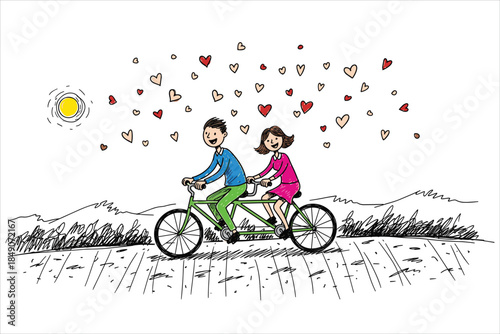 quirky doodle scene couple riding a tandem bicycle under scattered heart confetti, uneven sketch lines, bold flat colors