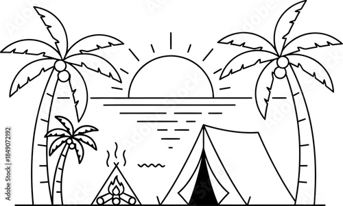 Camping on a tropical beach at sunset with palm trees