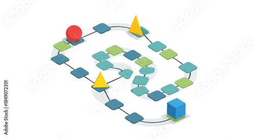 Minimalist 2D flat board game vector illustration featuring simple colorful tokens arranged strategically on a clean white background, emphasizing strategic gameplay and abstract concepts.