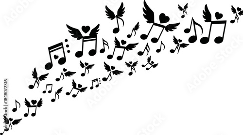 black music notes and hearts with wings on white background