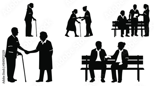 Silhouettes of elderly people interacting and socializing in various settings