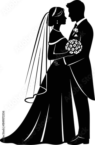 wedding couple silhouette standing together holding bouquet