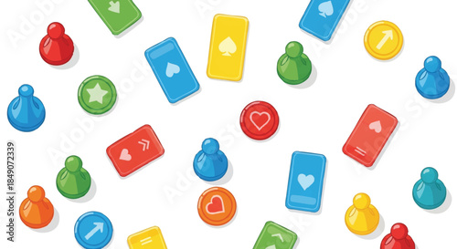 A vibrant, playful board game vector illustration featuring colorful abstract playing pieces scattered across a clean, isolated white background, perfect for fun and strategy.