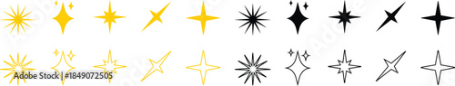 Sparkle Starburst Icon Set Shining Light Effect Symbol Collection Featuring Radiant Twinkle, Glow, Shine, Sparkling Star Group in Flat and Line Style for Decorative Graphic Vector Elements