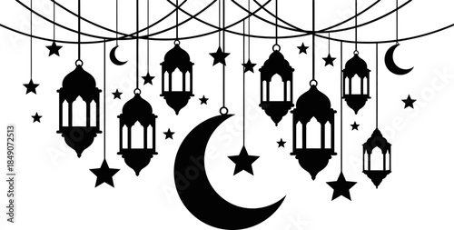Islamic lanterns and crescent moons hanging from strings with stars
