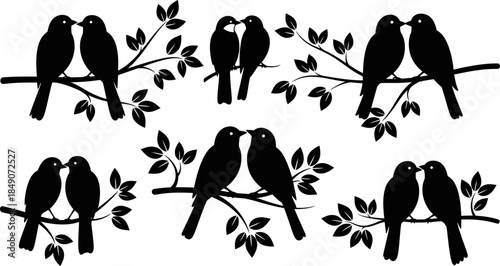 black and white illustration of birds on tree branches with leaves