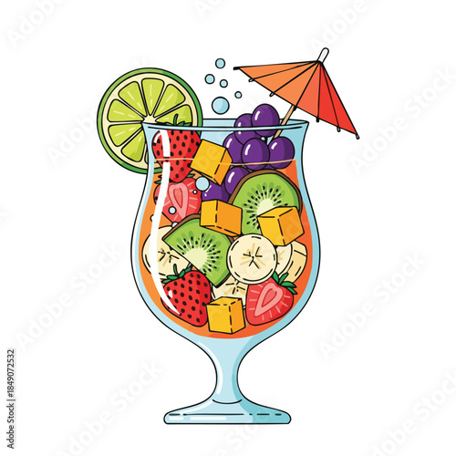 Colorful illustration of a cocktail glass filled with various fruits, ice cubes, and garnished with a lime wedge and umbrella on a plain white background.