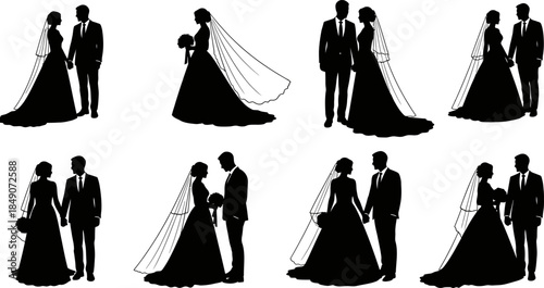 black silhouettes of couples kissing and hugging on white background