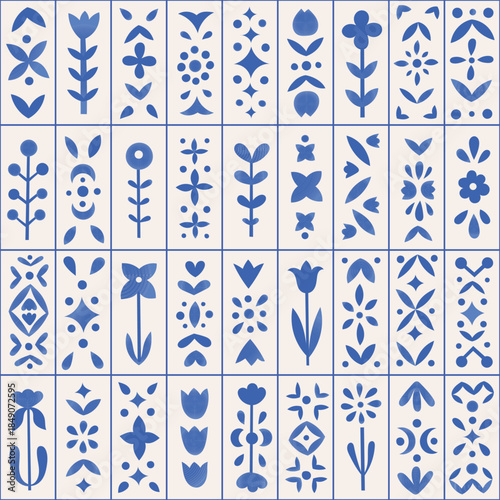 Watercolor botanical ornamental vertical tile seamless pattern. Floral blue mediterranean retro vector design