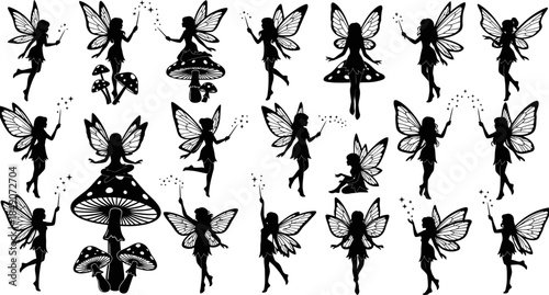 A big collection of black silhouettes of fairies and mushrooms on white background