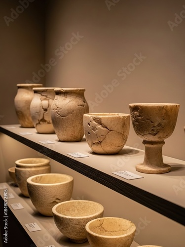 Ancient pottery on display in a museum setting with labels