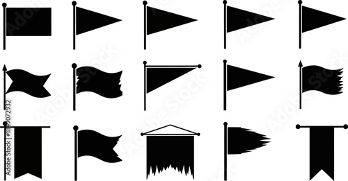 A collection of black flags on poles in various shapes and sizes