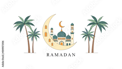 Ramadan celebration illustration featuring crescent moon mosque and palm trees