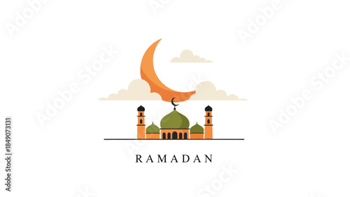 Ramadan celebration mosque illustration with crescent moon and clouds