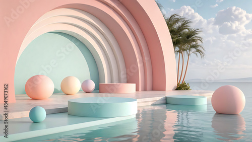 Fototapeta Naklejka Na Ścianę i Meble -  Pastel archway podium display with tropical sea view and palm tree