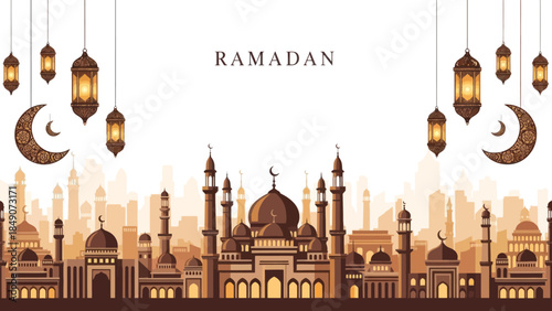 Intricate Islamic cityscape with Ramadan-themed lanterns and domes at sunset