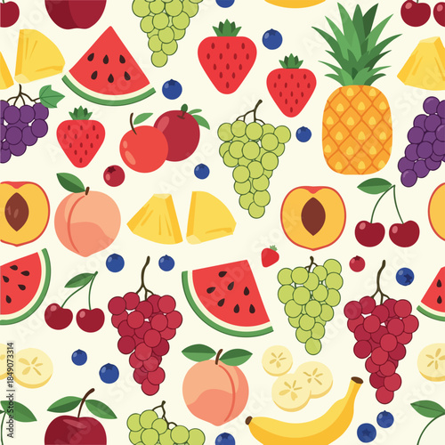 Vibrant flat lay of various colorful fruits including berries, citrus fruits, and tropical fruits on a clean white background.