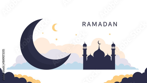Serene Ramadan Sky with Crescent Moon and Mosque Silhouette at Sunset