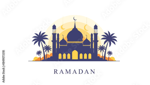 Elegant illustration of a mosque with palm trees and crescent moon for Ramadan