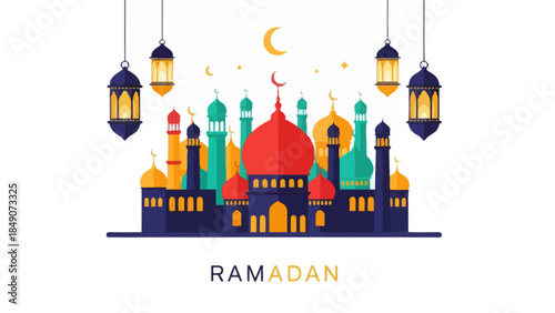 Festive Ramadan and Islamic Architecture Illustration with Lanterns and Minarets