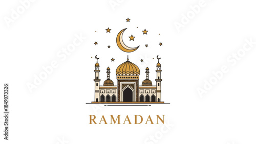 Elegant Islamic Mosque Illustration with Crescent and Stars for Ramadan