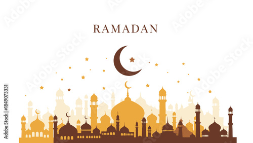 Ramadan Greeting Between Mosque Silhouettes and Crescent Moon