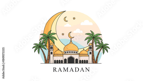 Serene Ramadan Scene Featuring a Mosque Amidst Palm Trees and Celestial Elements