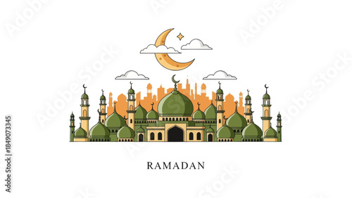 Ramadan Celebration Illustration Featuring Mosque Crescent Moon and Stars