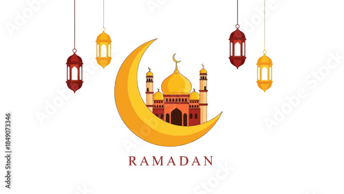 Festive Ramadan Welcome Illustration with Mosque, Crescent Moon and Lanterns