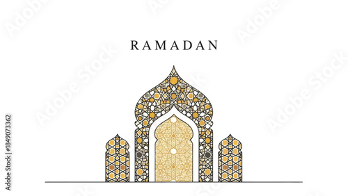 Ramadan Greetings Featuring Ornate Islamic Architectural Design and Calligraphy