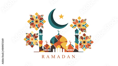 Intricate Islamic Mosque with Crescent Moon and Star Uplifted in Ramadan