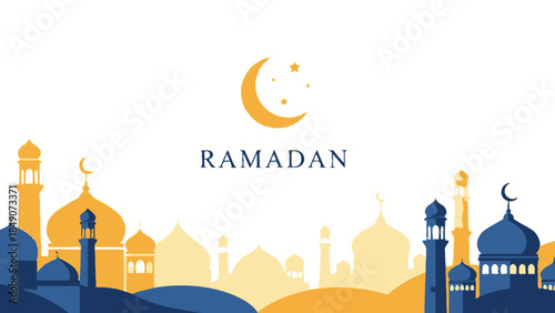 Ramadan Celebration with Silhouettes of Mosques and Crescent Moon Sky View