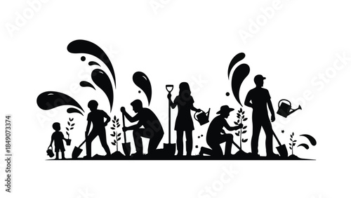 Diverse people gardening together family and friends planting flowers and vegetables in community garden outdoor green space