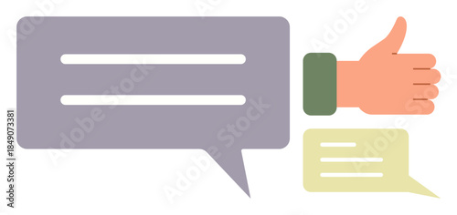 Speech bubbles with text lines alongside a thumbs-up hand gesture signifying communication, approval, feedback. Ideal for teamwork, collaboration, customer service, social media, discussions