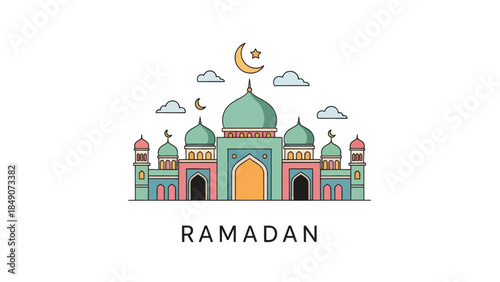 Spiritual Ramadan Mosque Illustration with Crescent Moon and Clouds